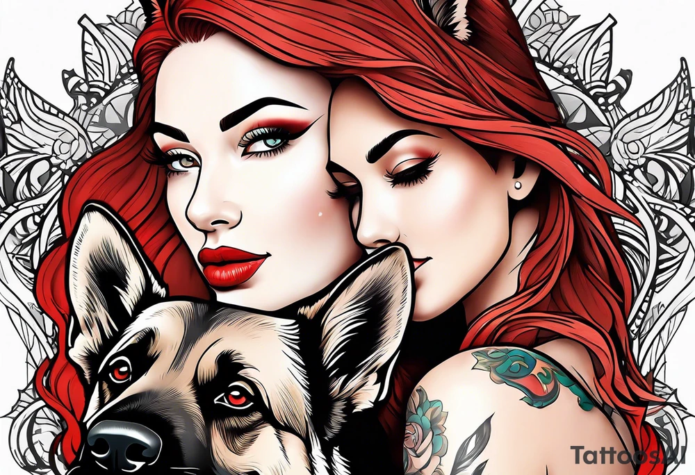 red hair woman with German shepherd dog tattoo idea