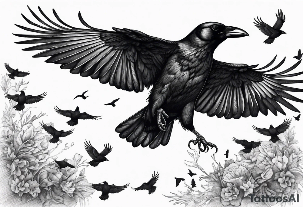 Crow in flight with small crows around tattoo idea