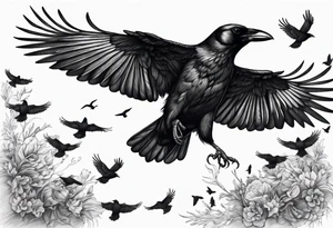 Crow in flight with small crows around tattoo idea