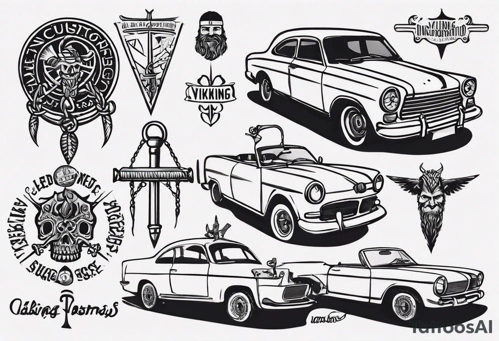 i want a tattoo of a viking and a old classic vintage car  and I want the words “Viking Customs” incorporated into the design tattoo idea