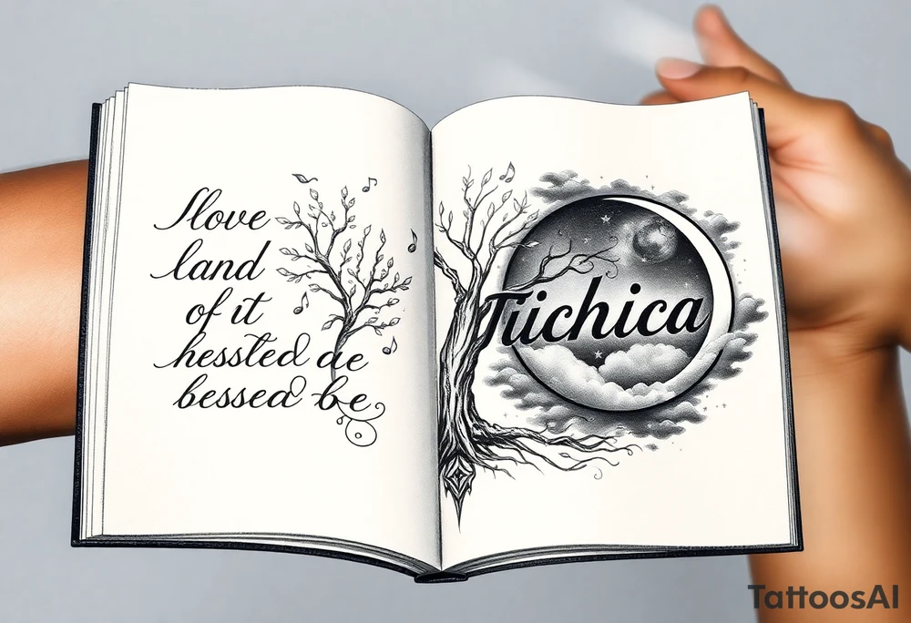 I want an open book and scripted on the left side of the pages and love and light blessed be on the right side of the pages the name tichica with the tree of life growing through the pages music notes dancing around it a crescent moon on the right side with a starry night background and dark clouds tattoo idea