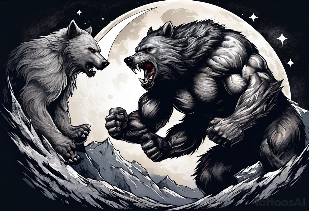 Muscular werewolf and muscular bear fighting under a moon tattoo idea