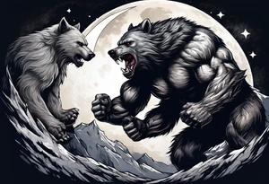 Muscular werewolf and muscular bear fighting under a moon tattoo idea