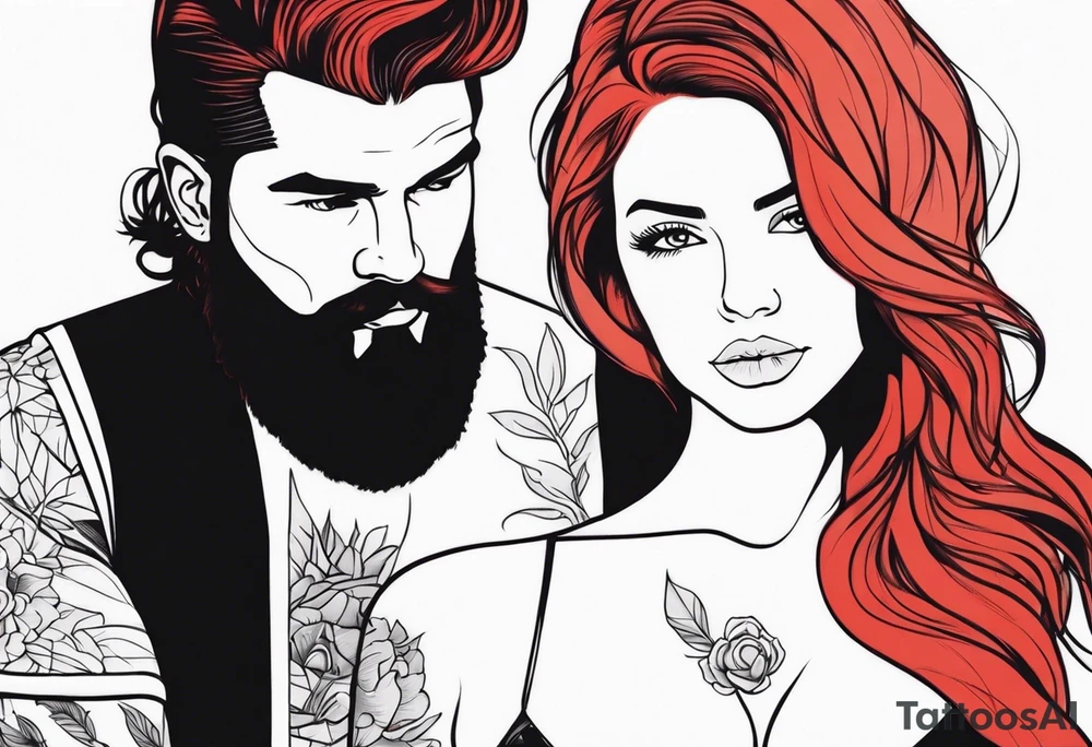 Busty Red haired woman with black haired bearded man tattoo idea
