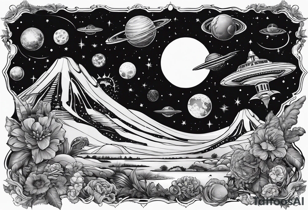 space themed arm sleeve with aliens ufos airplanes and rockets tattoo idea