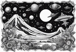 space themed arm sleeve with aliens ufos airplanes and rockets tattoo idea