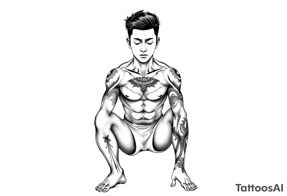 Handsome Asian young guy is standing on his knees and looking down tattoo idea