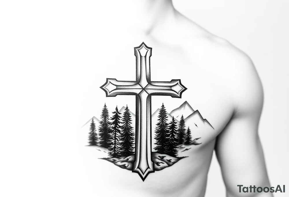 russian christian orthodox cross which is relatively small, with the diagonal line at the bottom with a light forrest with a light mountainous setting tattoo idea