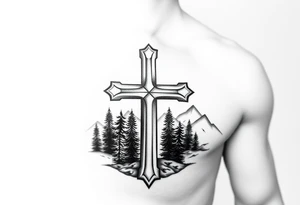 russian christian orthodox cross which is relatively small, with the diagonal line at the bottom with a light forrest with a light mountainous setting tattoo idea