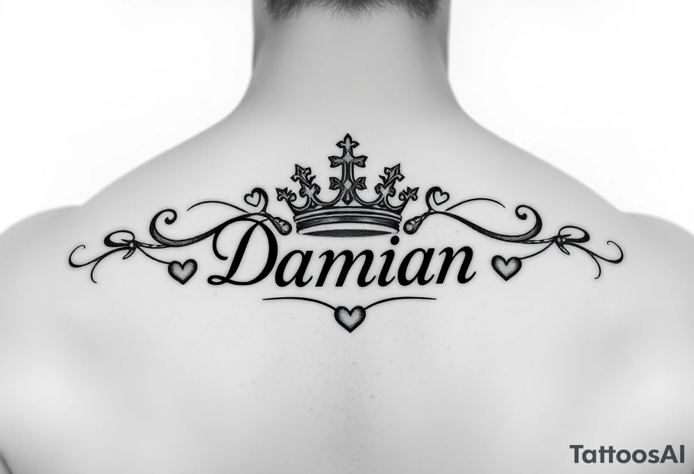 Name Damian, with crown, and hearts tattoo idea