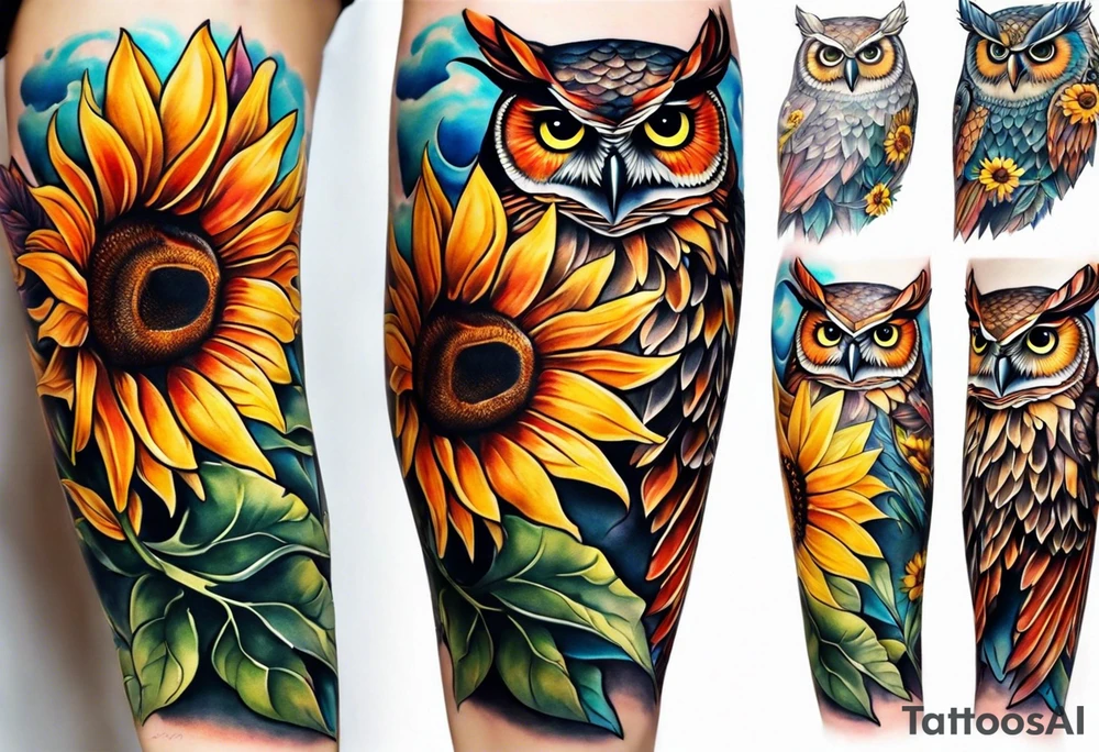 Leg sleeve with colorful sunflowers and an owl tattoo idea