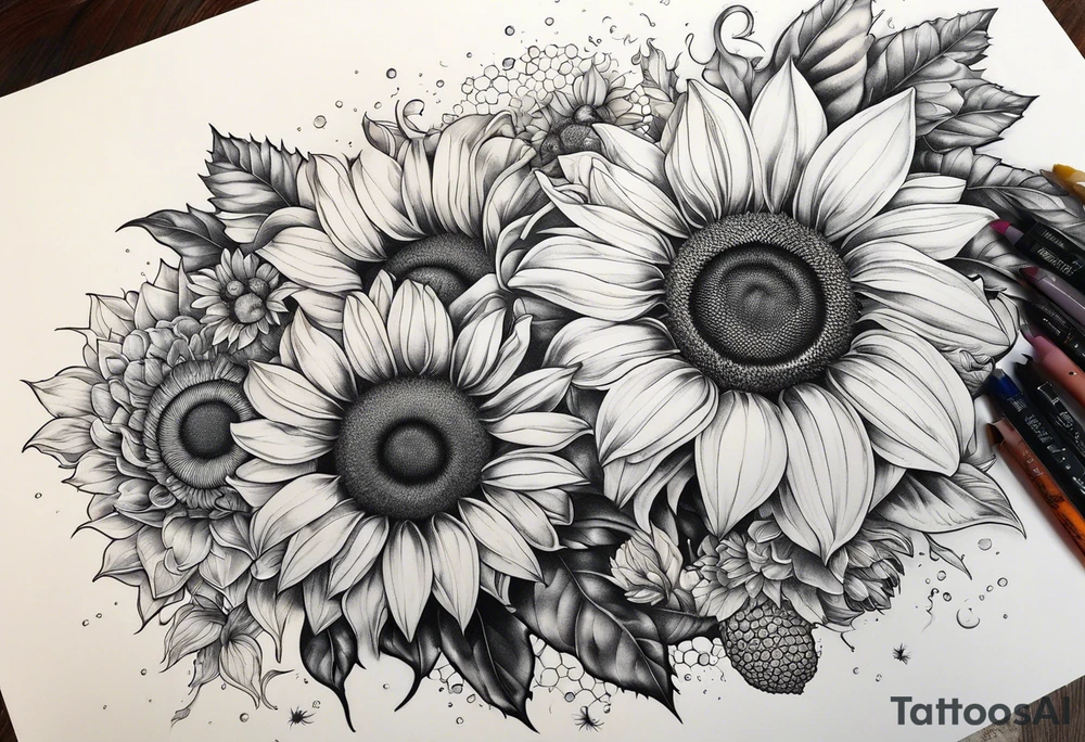 Sunflowers, bumblebees, honeycombs, sexy, elegant, vibrant tattoo idea