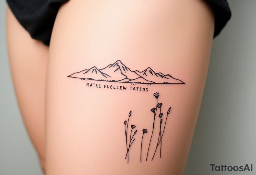 A field with long grass and flowers with mountains in the background tattoo idea