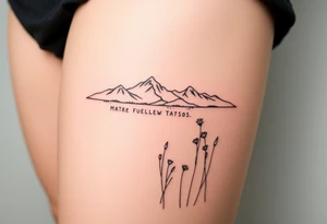 A field with long grass and flowers with mountains in the background tattoo idea