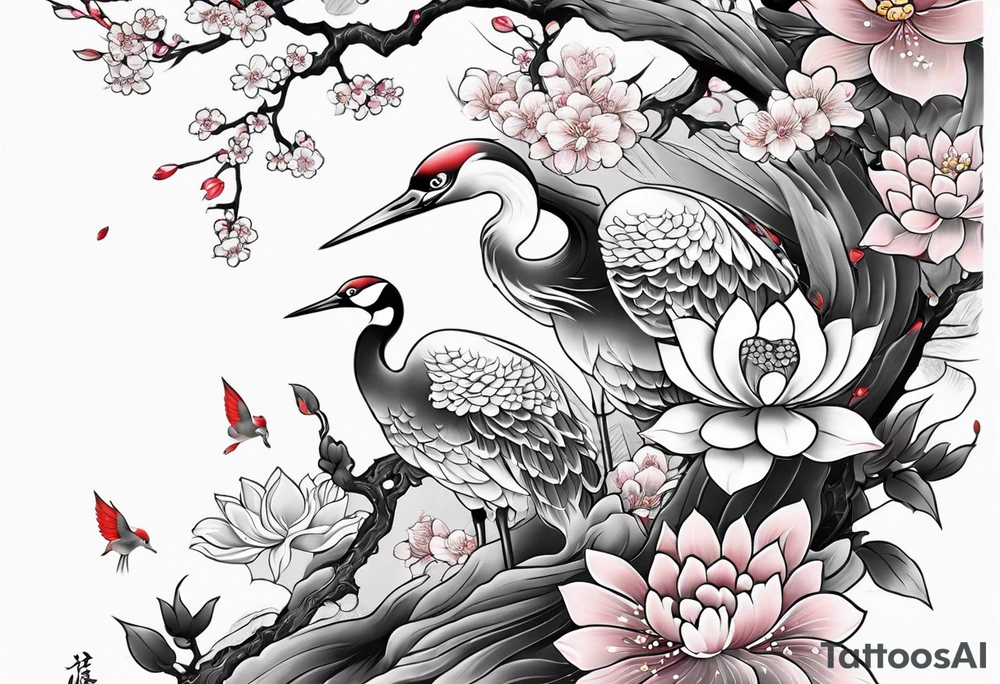 traditional irezumi full leg sleeve with crane, cherry blossoms, and lotus flowers tattoo idea