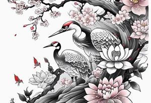 traditional irezumi full leg sleeve with crane, cherry blossoms, and lotus flowers tattoo idea