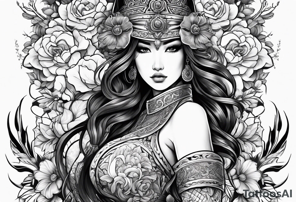 ornate beautiful woman warrior with weapon & floral surrounding tattoo tattoo idea