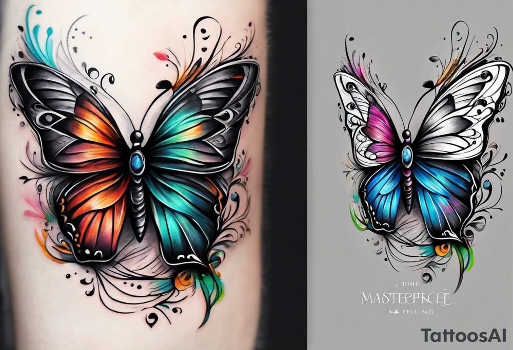 butterfly with one wing black scribbles, the other wing beautiful and colorful, the body has the date 1.9.2023 and the words written "I chose to live." tattoo idea