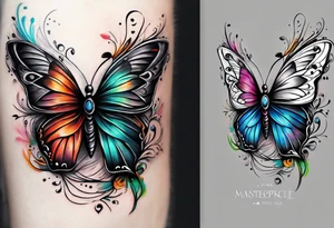 butterfly with one wing black scribbles, the other wing beautiful and colorful, the body has the date 1.9.2023 and the words written "I chose to live." tattoo idea