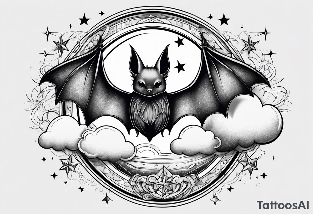 A bat wrapped in clouds and smoke with stars and sparkles and a moon tattoo idea