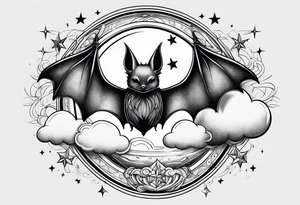 A bat wrapped in clouds and smoke with stars and sparkles and a moon tattoo idea