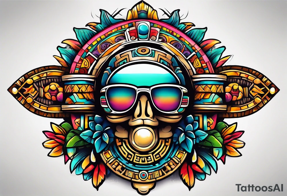 Colorful Mayan theme sunglasses tattoo idea
