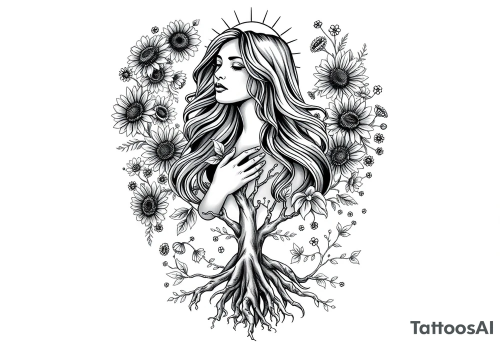 Realistic black and grey back tattoo design of Mother Earth surrounded by flowing sunflowers, wildflowers, vines, and glowing celestial elements. She has a calm, powerful face, long wavy hair blending into the plants, and is cradled by vines. Her hands are raised toward a radiant sun above her head. At the bottom, tree roots grow from her lower body, grounding her. The composition is vertical, ethereal, sacred, and feminine. Smooth shading, sculptural style, no cartoon features. High-detail, made for a full back piece. It should be the full body of Mother Earth going down the spine tattoo idea