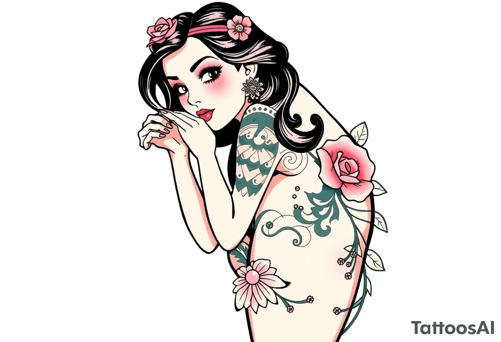 BDSM-themed art deco woman, intricate linework, thigh tattoo. tattoo idea