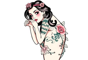 BDSM-themed art deco woman, intricate linework, thigh tattoo. tattoo idea