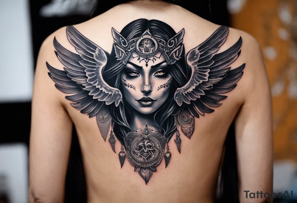 black kali, goddess pirate, alien, angel, pachamama, valkrye, warrior, flying, skull, lotus azul, wing, eagle, zenza resonance, stars, 5D, anahata chakra, death, durga, riding on a tiger, flying lady, chest tatoo tattoo idea