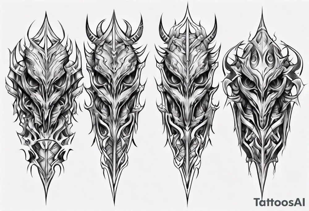 Demonic leg armor symmetrical tattoo idea