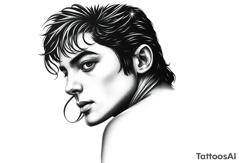 A photorealistic black and grey tattoo design of Michael Jackson's face, realism style, capturing the Bad and Dangerous era, perfect shading, studio lighting, detailed hair and clothing textures, designed for an upper arm placement, isolated on a white background tattoo idea