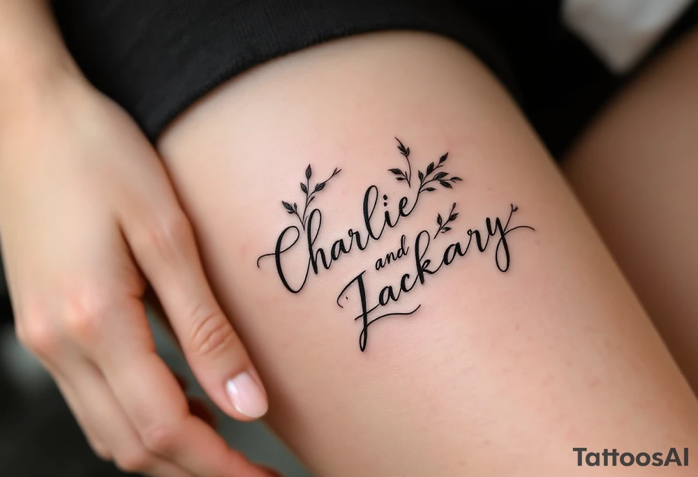 Create a delicate tattoo design that seamlessly integrates the names "Charlie" and "Zackary" in graceful, flowing cursive. Enclose the names within a softly stylized symbol that embodies strength and unity . The overall design should evoke warmth and protection while remaining refined and understated tattoo idea