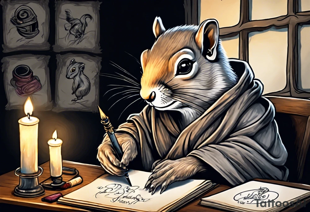 an elderly grey squirrel dressed in a monk robe wearing an eye patch sitting at a desk in the dark holding a quill writing by candlelight tattoo idea