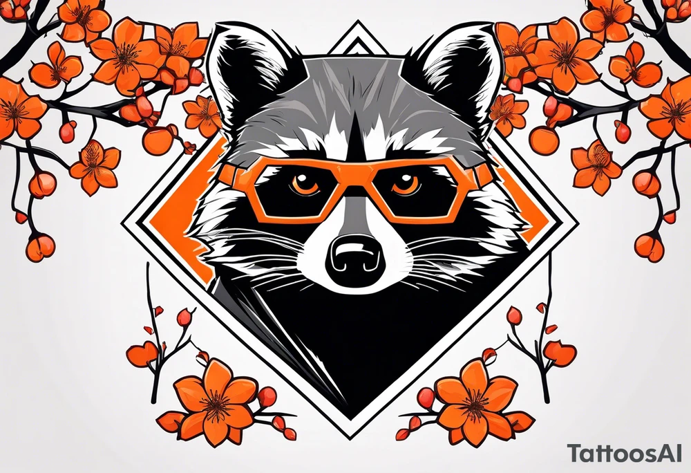Raccoon wearing a white Superman logo on a black hoodie and orange Japanese cherry blossoms tattoo idea