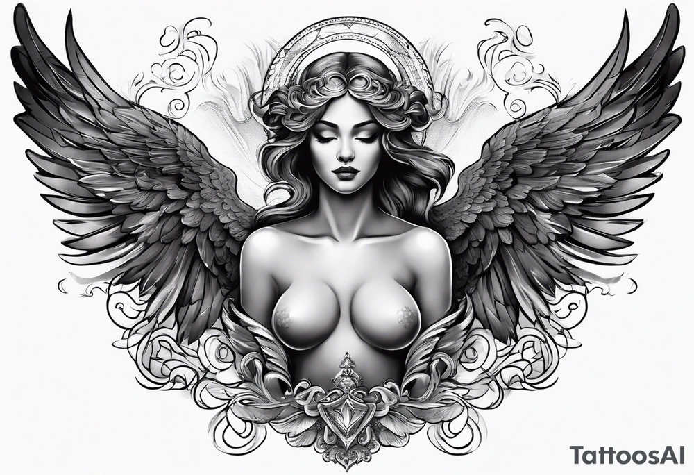 black angel with clouds in the background tattoo idea