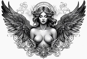 black angel with clouds in the background tattoo idea