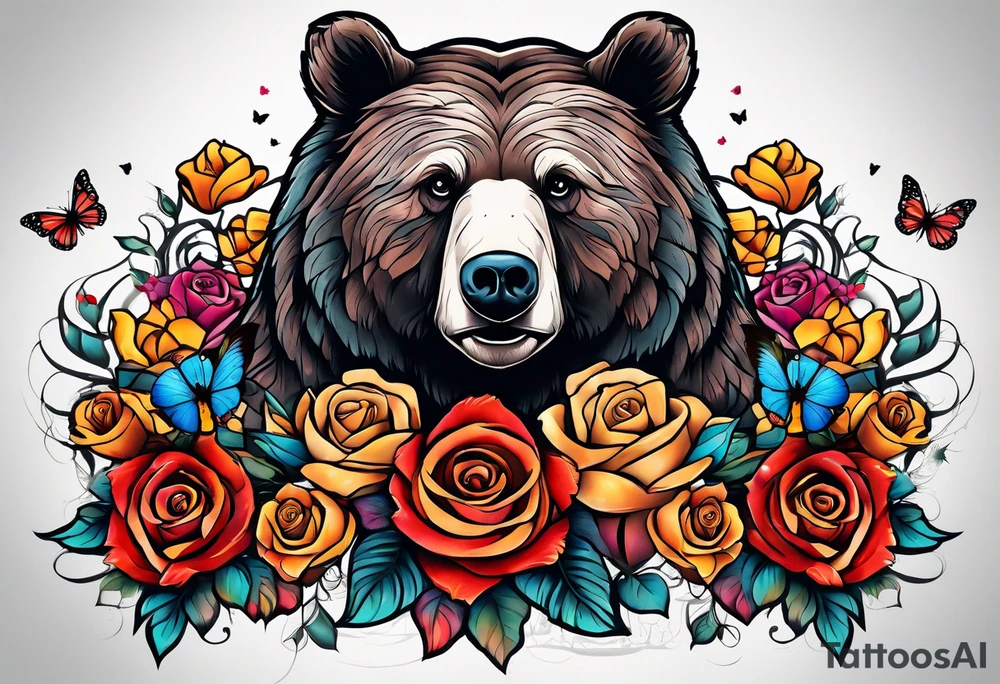 Bear under the tree of life with multiple colored roses and three butterflies for an upper arm tattoo. tattoo idea