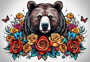 Bear under the tree of life with multiple colored roses and three butterflies for an upper arm tattoo. tattoo idea