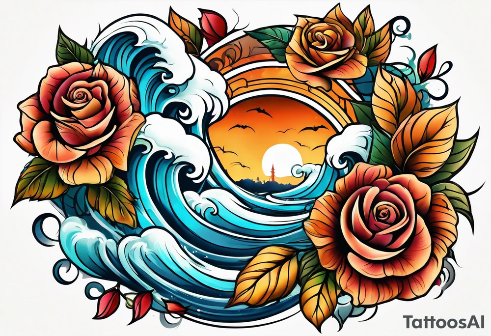 thigh tattoo with fall colors showing, flowers, roses, water flow, and sky tattoo idea