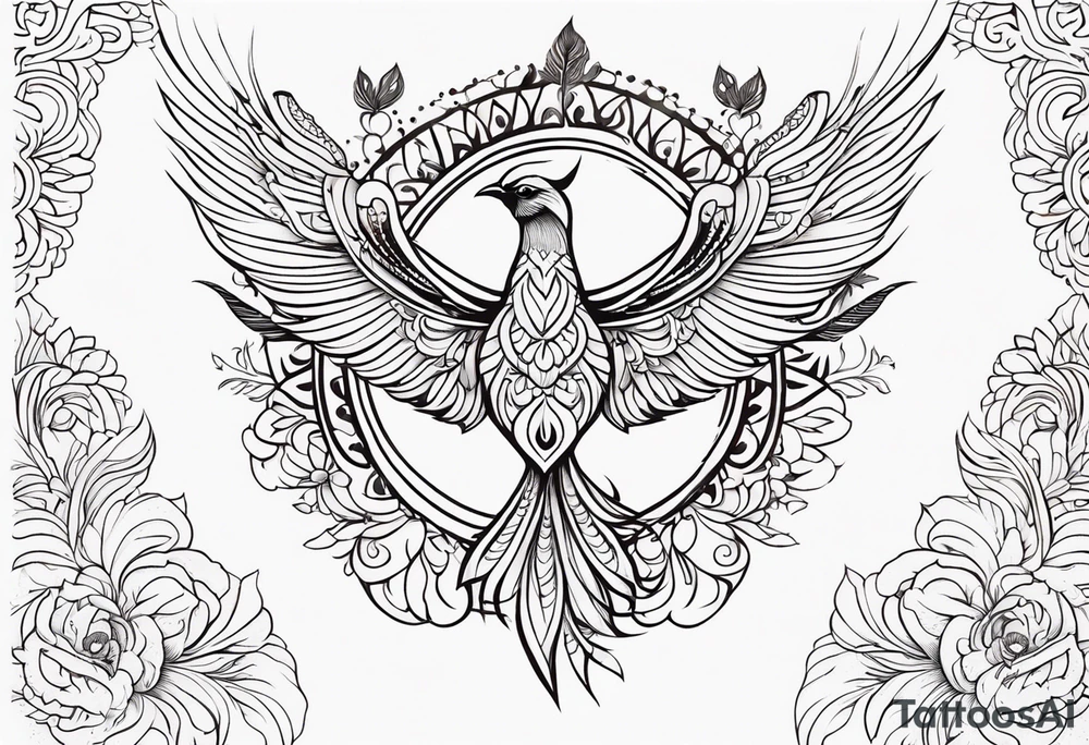 Tribal bohemian feminine impowering Phoenix rising with smoke, mandala sun, floral, lace background tattoo idea