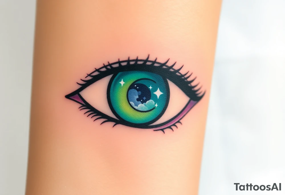Large outline of an eye shaped like an almond with eye colored greenish blue with long pretty black eyelashes + eyeball shaped like a spade symol  + a crescent moon stars and clouds inside of the eyeball only + using vivid colors like blue green purple light blue light green light purple tattoo idea