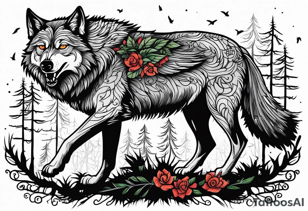 A powerful Wolf ist carrying a crow on His back
Background Woods and thorns tattoo idea