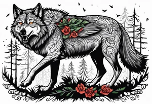 A powerful Wolf ist carrying a crow on His back
Background Woods and thorns tattoo idea