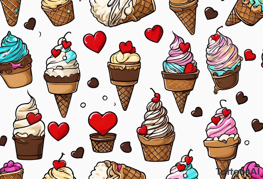 sketch chocolate chip ice cream cone with one red heart tattoo idea