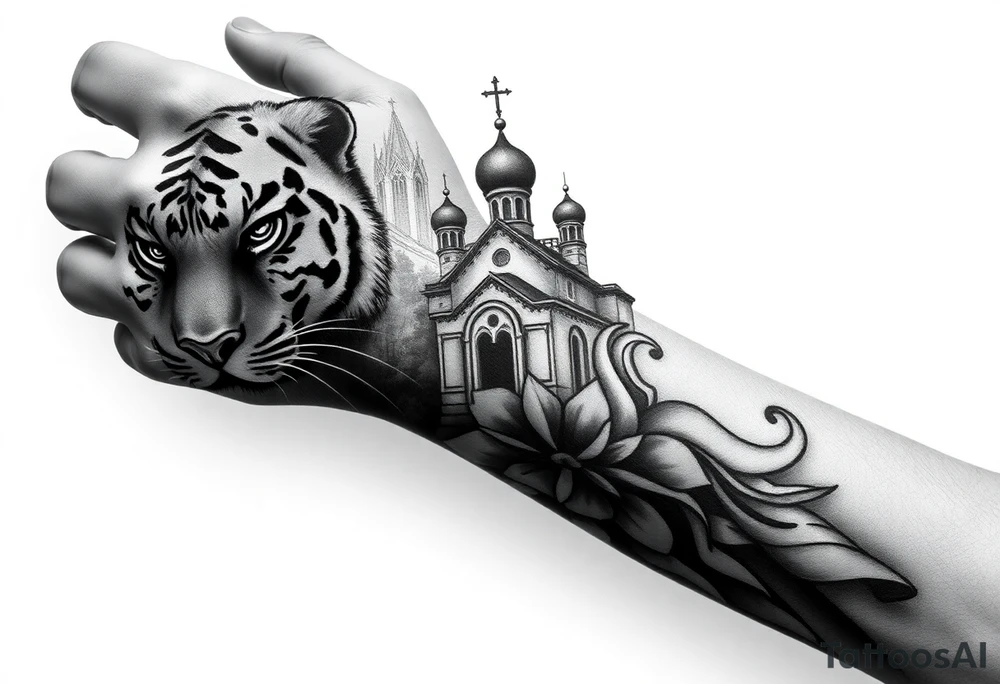 in a dorsal view of the hand and forearm a tiger face on the hand with black hollowed eyes, then above this a orthodox church shrouded with a mist and fading into a virgin mary overlooking tattoo idea