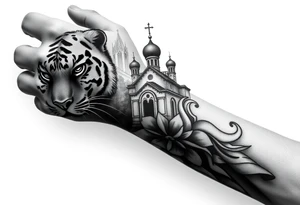 in a dorsal view of the hand and forearm a tiger face on the hand with black hollowed eyes, then above this a orthodox church shrouded with a mist and fading into a virgin mary overlooking tattoo idea