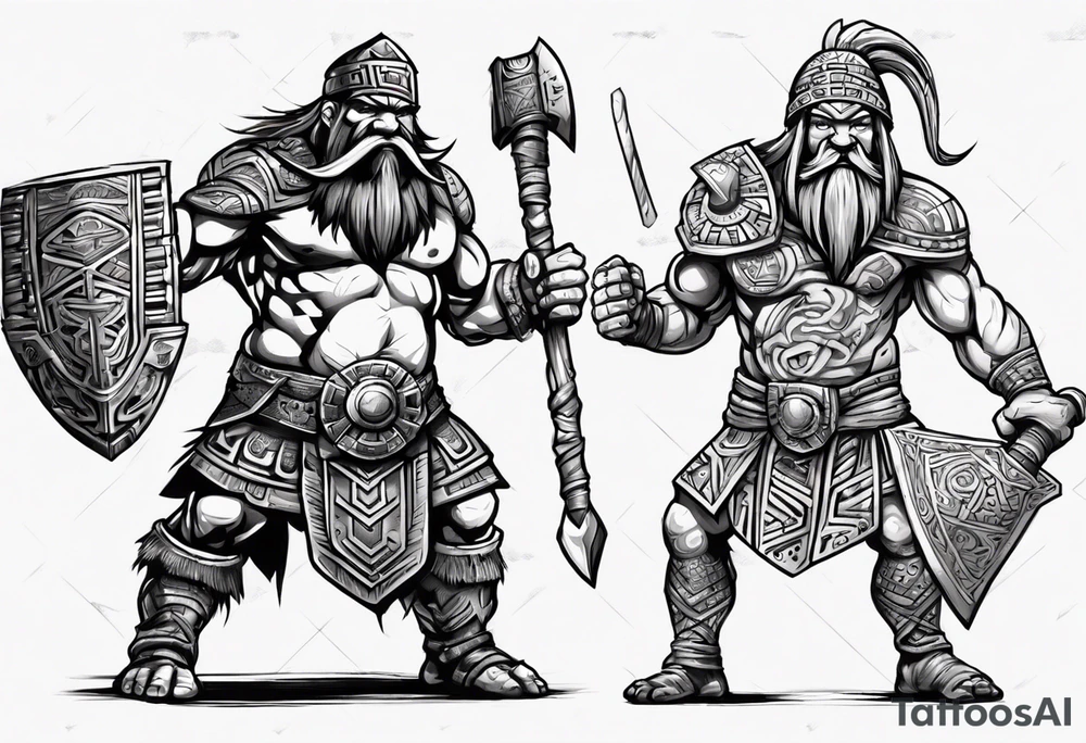 dwarven warrior with a war axe and giant Aztec warrior fighting against each other tattoo idea