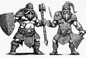 dwarven warrior with a war axe and giant Aztec warrior fighting against each other tattoo idea