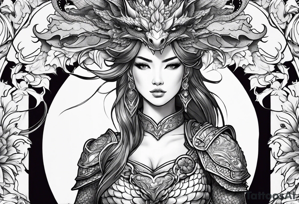 beautiful warrior woman wearing dragon armor and a floral background and a dragon a full picture tattoo idea